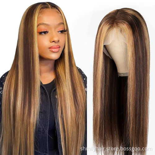 Shmily Highlight Piano 4/27 Straight 30 Inch Lace Closure Wig Ombre 13X4X1 Virgin Transparent HD Lace Front Human Hair Wigs